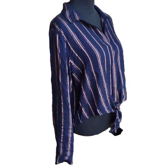 Bella Dahl Shimmer Stripe Tie Waist Open Collar Button Up Blouse Sz L - Picture 5 of 15